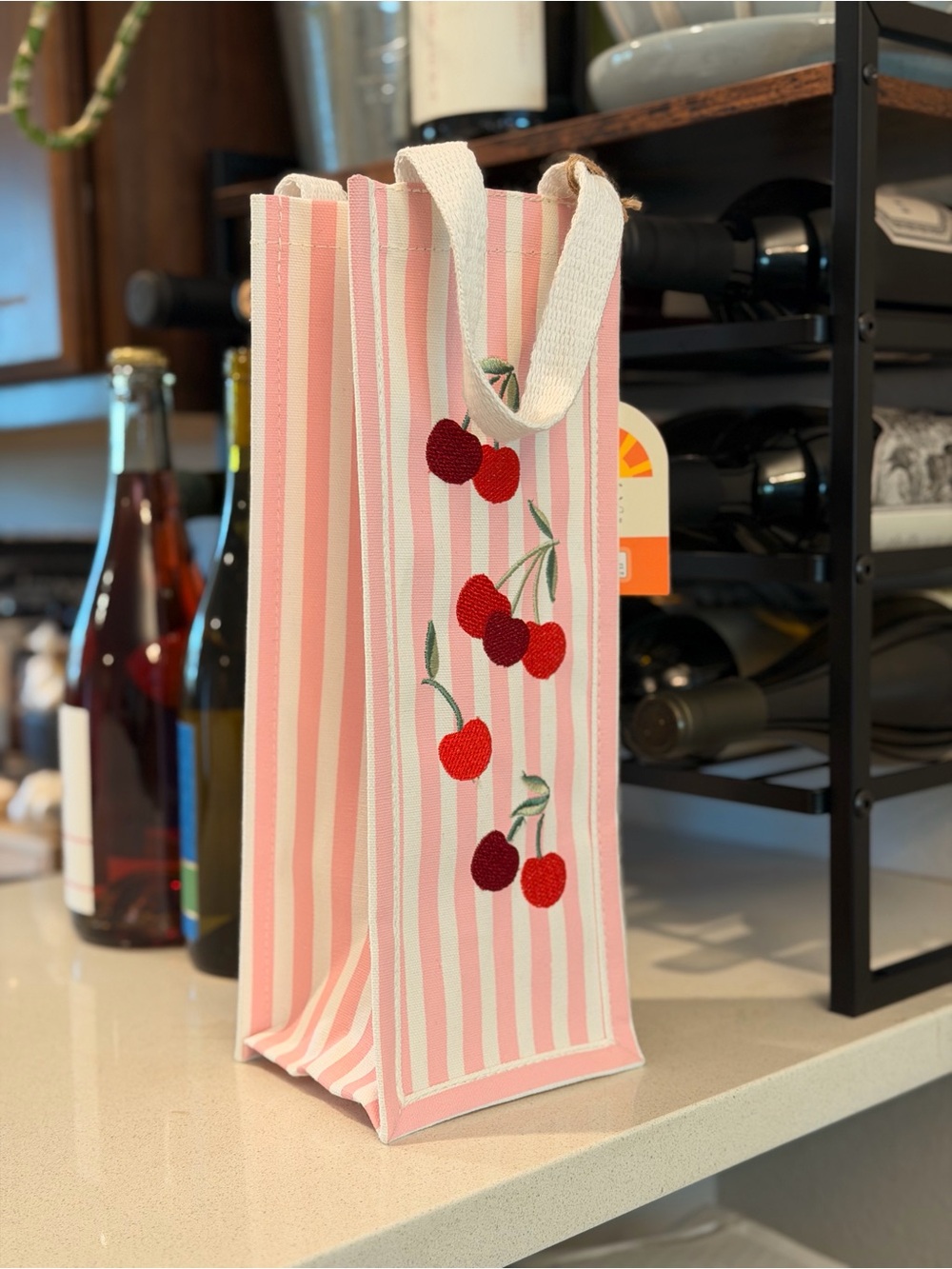 C&C California Home Pink Striped Embroidered Cherry Canvas Wine Bag NWT